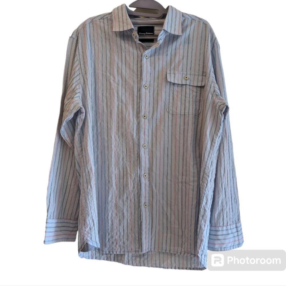 Tommy Bahama Men L Button Up Long Sleeve Dress Shirt Blue Striped